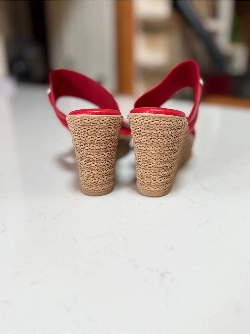 easy street Red Elastic Strap Wedge Sandals with Jute Platform